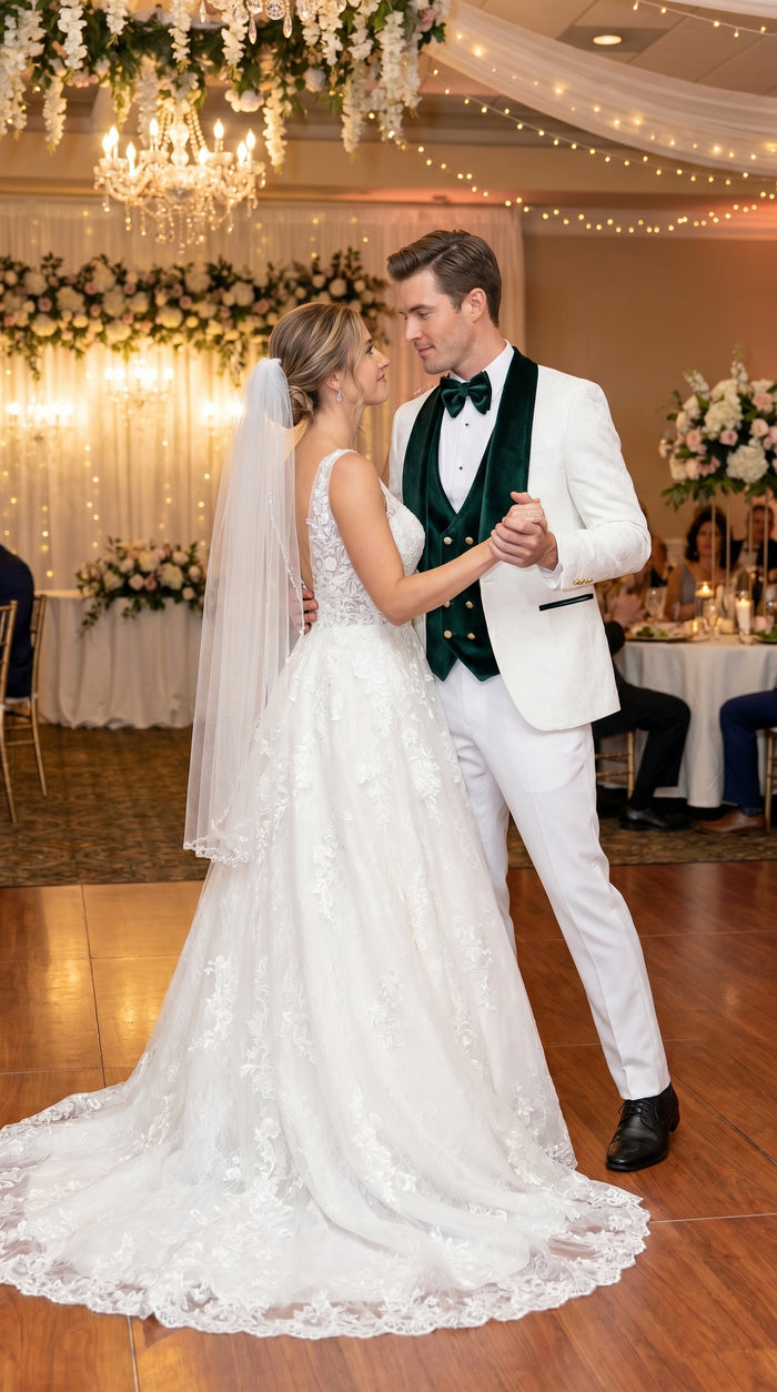 Men’s White and Dark Green Wedding Tuxedo with Double Breasted Vest, Wool Groom Prom Suit