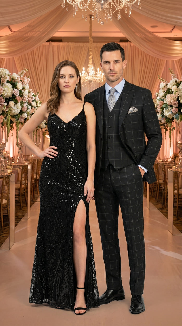 Men’s Black Windowpane Plaid 3 Piece Suit, 1920s Inspired Formal Dress Suit