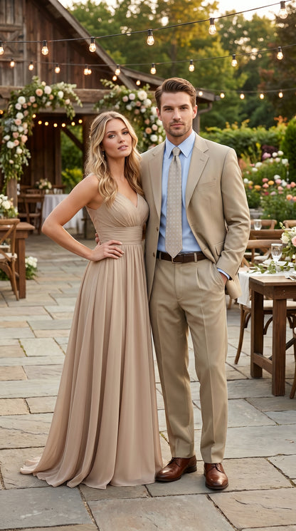 Men’s Khaki Light Tan Dress Suit with Jacket and Pants, Classic Fit Groomsmen Wedding Suit