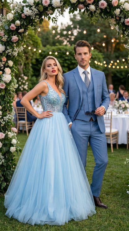Men’s Ice Blue 3 Piece Suit with Vest, Formal Wedding Prom Dress Suit Modern Fit