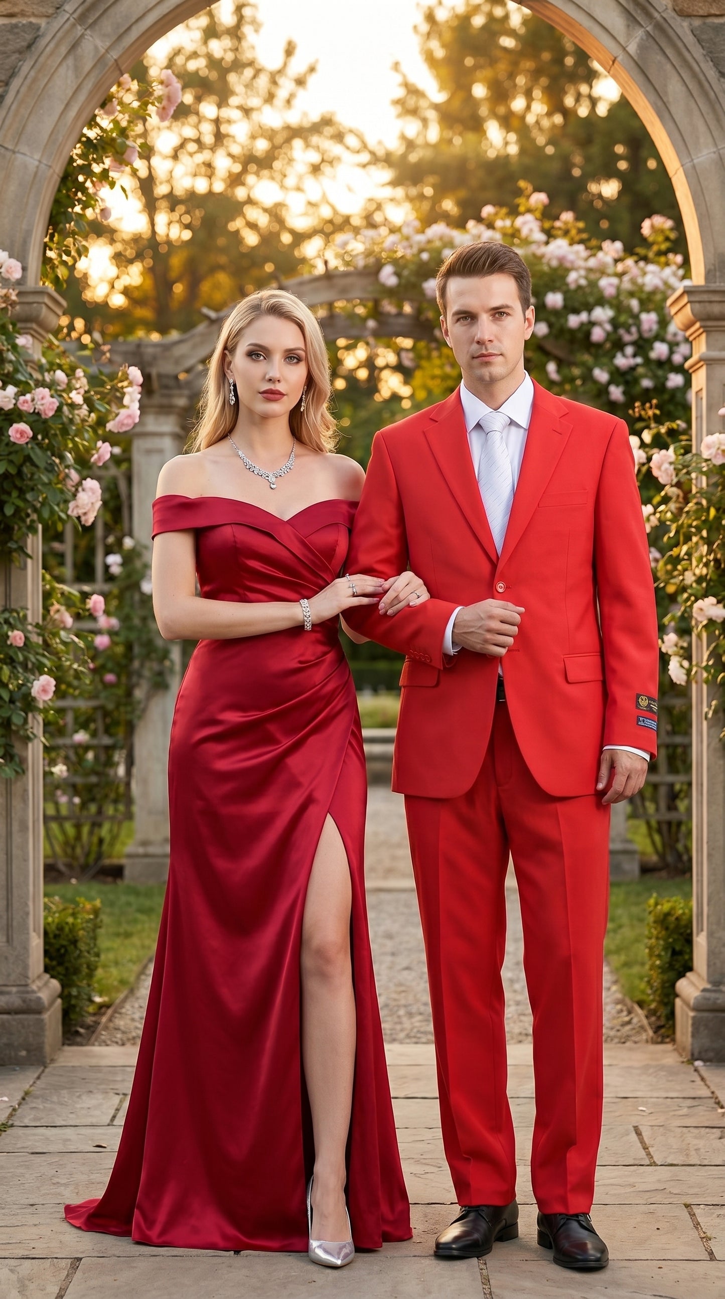 Men’s Red Bolzano 2 Button Suit with Pleated Pants, 100% Polyester Formal Dress Suit
