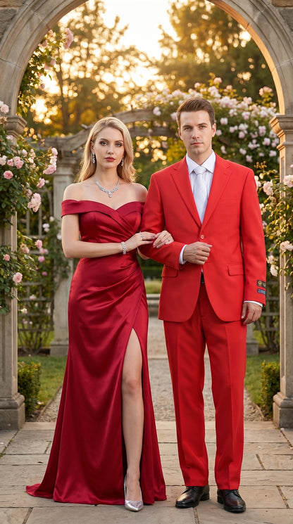 Men’s Red Bolzano 2 Button Suit with Pleated Pants, 100% Polyester Formal Dress Suit