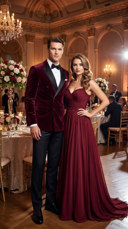Men’s Burgundy Velvet Tuxedo, Slim Fit Double Breasted Formal Tuxedo Suit for Wedding, Prom and Groom Wear