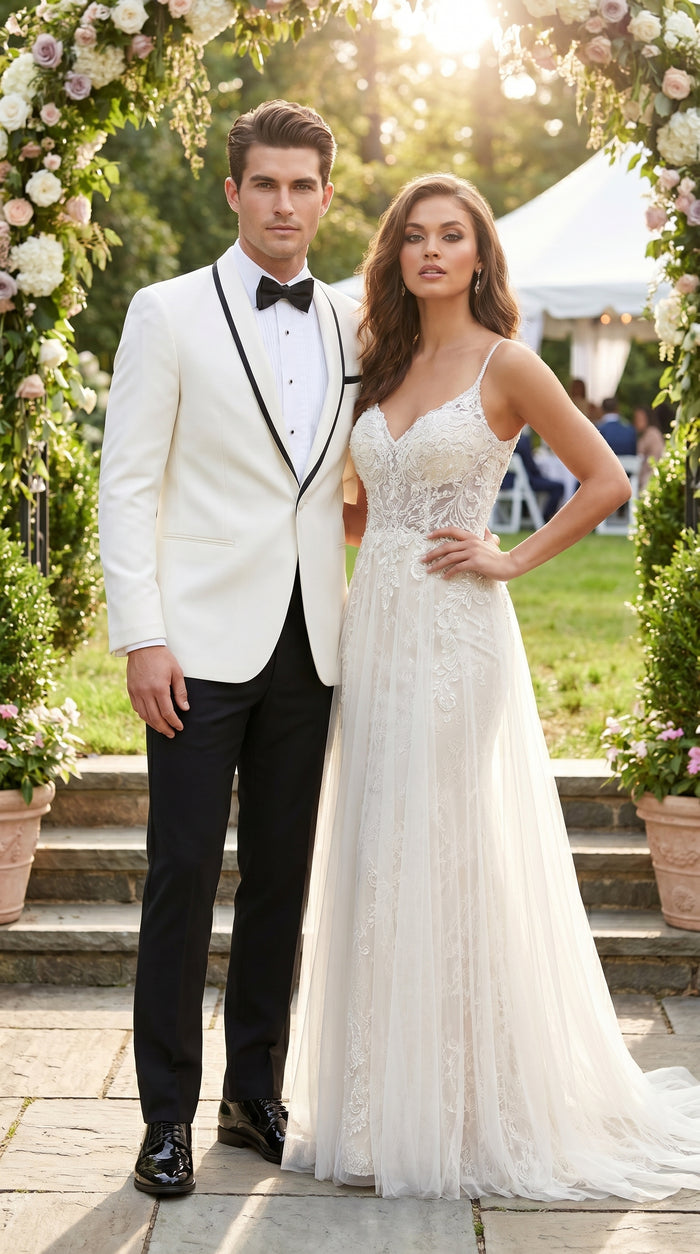 Men’s One Button Ivory Tuxedo Suit with Black Trim, Formal Wedding Prom Dinner Jacket
