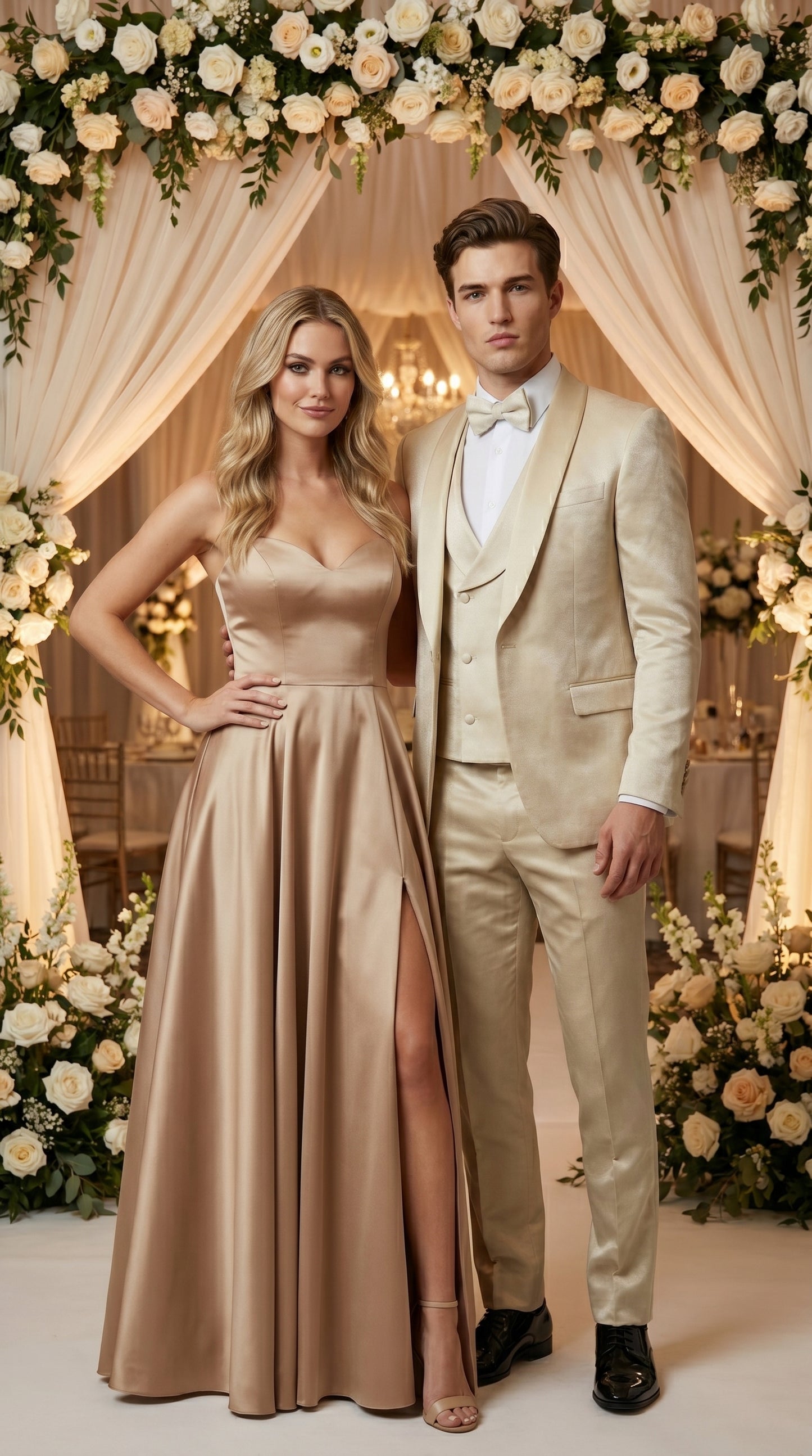 Men’s Tan Floral Shawl Lapel Tuxedo Set, Wedding and Prom Formal Suit