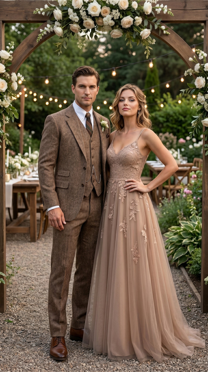 Men’s Light Brown Great Gatsby Tweed Herringbone Vested Suit, Tobey Maguire Inspired 1920s Formal Outfit Modern Fit