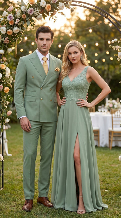 Rossiman Men’s Sage Green Double Breasted Suit with Gold Buttons, Slim Fit Lightweight Summer Suit