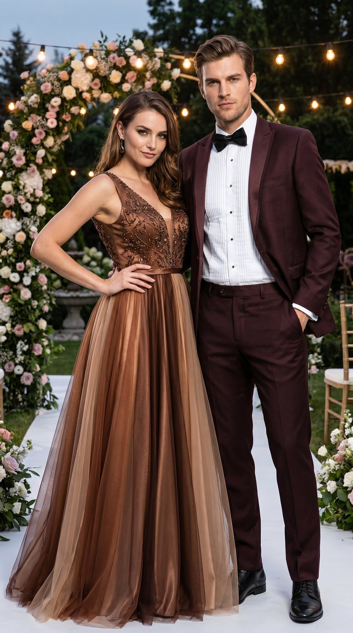 Men’s Brown Slim Fit 2 Piece Tuxedo with Satin Peak Lapel, Formal Wedding Prom Suit
