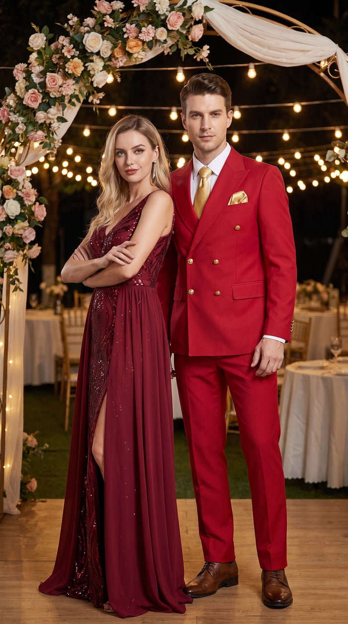 Rossi Man Milano RM1191 Men’s Red Double Breasted Suit with Gold Buttons, Formal Wedding Prom Suit Modern Fit