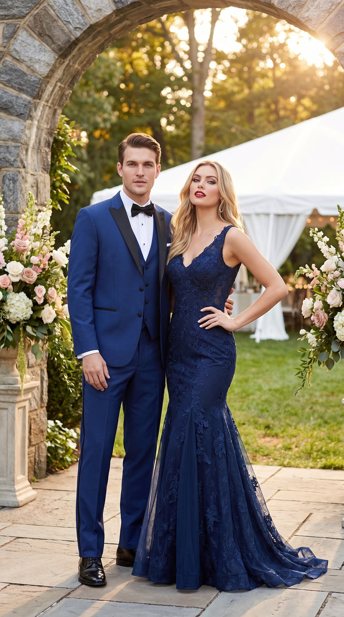 Men’s Indigo Blue Sapphire Cobalt Blue 1 Button Vested Tuxedo with Black Satin Peak Lapel