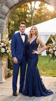 Men’s Indigo Blue Sapphire Cobalt Blue 1 Button Vested Tuxedo with Black Satin Peak Lapel
