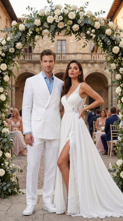 Men’s White Double Breasted Suit with Jacket and Pants, Formal Wedding Dress Suit