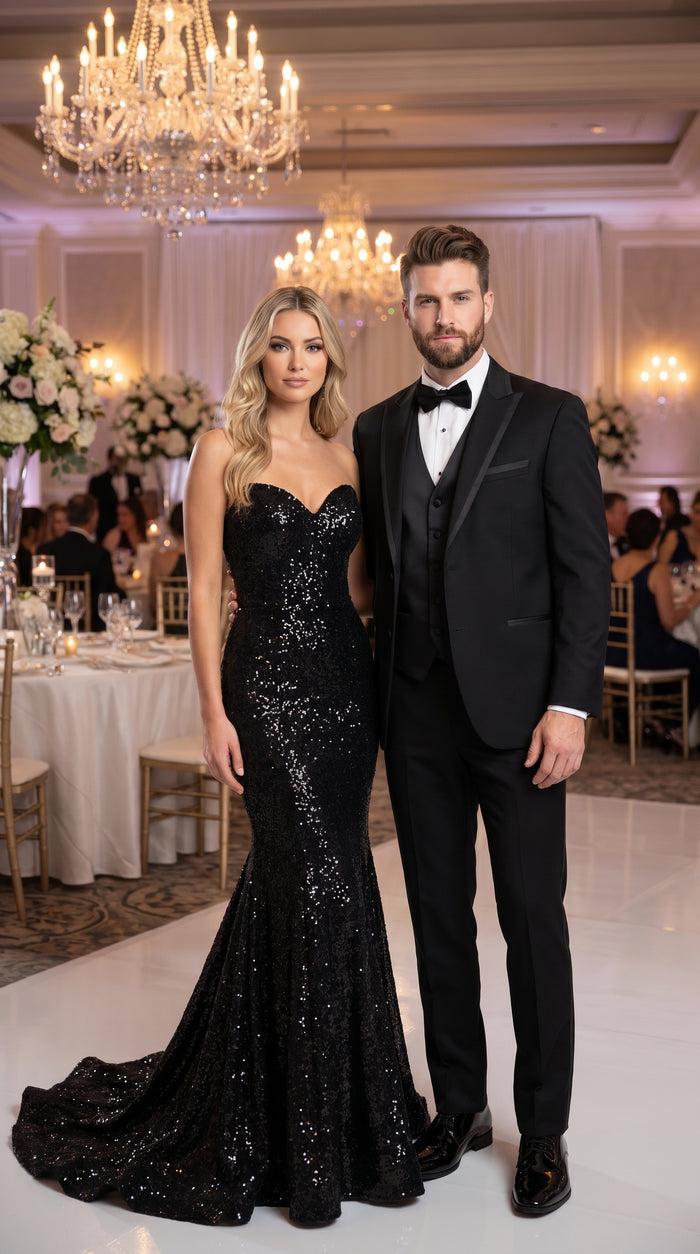 Men’s Black Modern 1 Button Tuxedo Suit with Satin Trim Peak Lapel and Wide Lapel Design