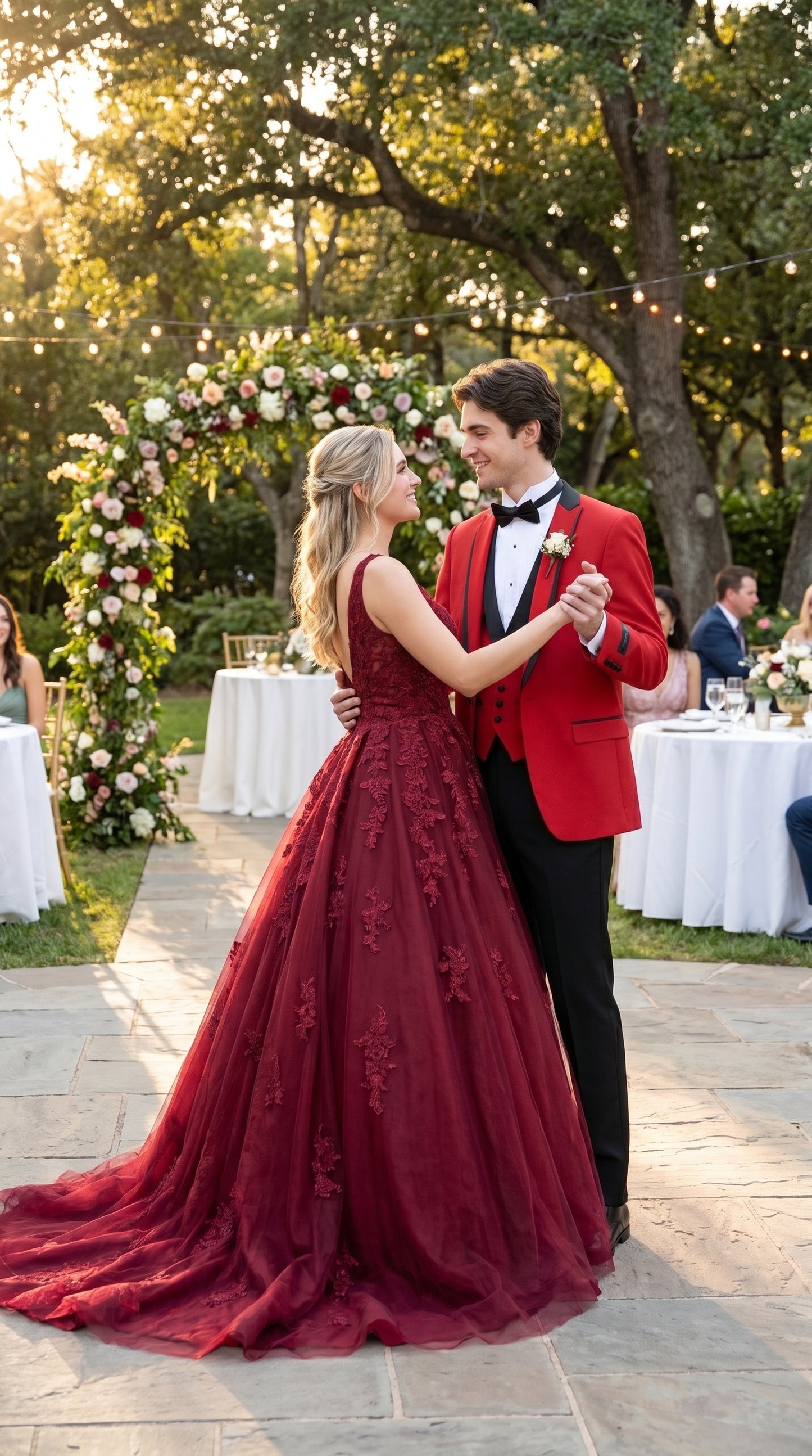 Men’s Red Prom Tuxedo Suit with Vest and Black Trim, Formal Wedding Dinner Suit