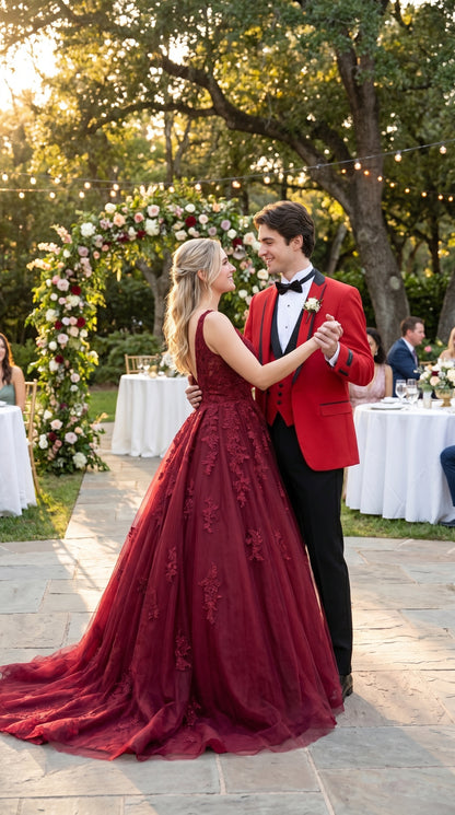 Men’s Red Prom Tuxedo Suit with Vest and Black Trim, Formal Wedding Dinner Suit