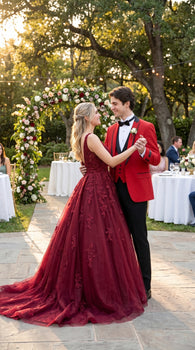 Men’s Red Prom Tuxedo Suit with Vest and Black Trim, Formal Wedding Dinner Suit