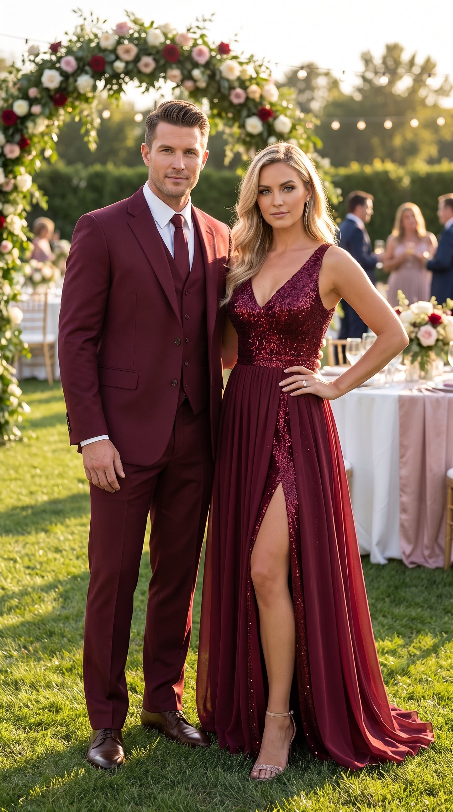 Men’s Burgundy Wine Maroon 3 Piece Vested Suit, Peak Lapel Formal Wedding Church Dress Suit Set