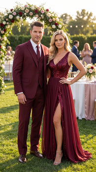 Men’s Burgundy Wine Maroon 3 Piece Vested Suit, Peak Lapel Formal Wedding Church Dress Suit Set