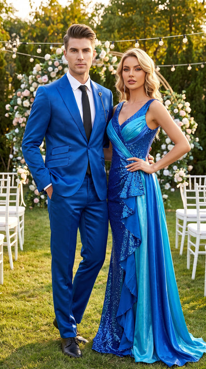 Men’s Shiny Metallic Blue Sharkskin Suit, Single Breasted Formal Wedding Prom Dress Suit Set  Modern Fit
