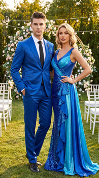 Men’s Shiny Metallic Blue Sharkskin Suit, Single Breasted Formal Wedding Prom Dress Suit Set