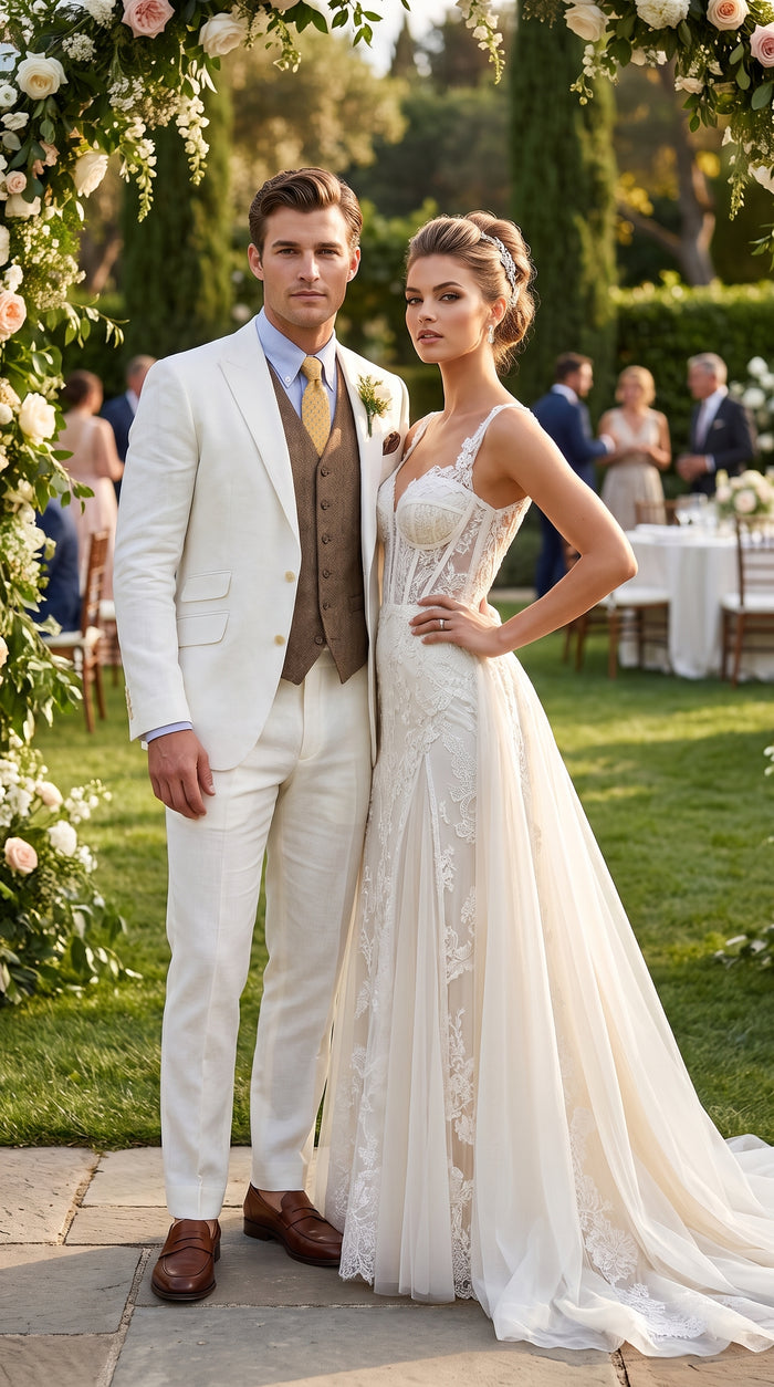 Men’s Off White Great Gatsby 3 Piece Suit, Vintage Wedding Prom Formal Vested Suit Set Modern Fit