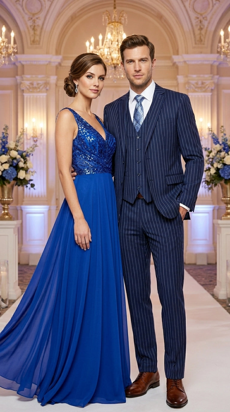 Men’s Teal Indigo Bright Blue Cobalt Pinstripe 3 Piece Suit, Formal Wedding Business Dress Suit Modern Fit