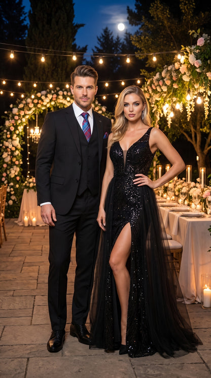 Men’s Black 3 Piece 2 Button Suit, Vested Formal Wedding Business Dress Suit Set