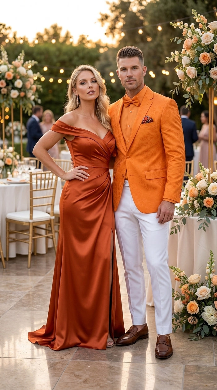 Men’s Mango Orange Blazer White Pants Formal Outfit