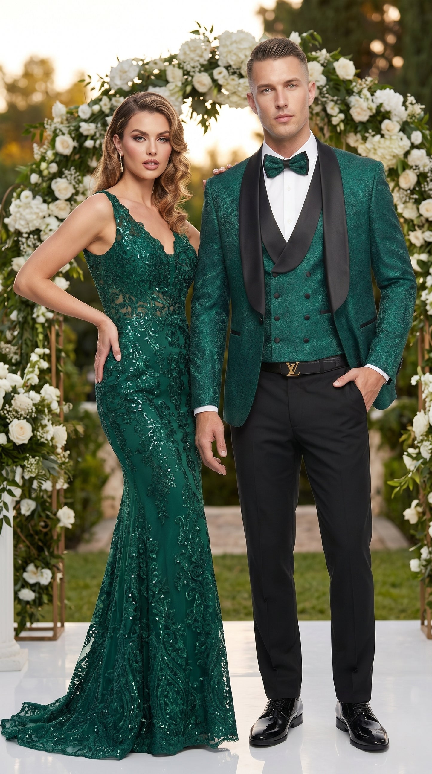 Men’s Hunter Green Textured Pattern  Suit with Black Shawl Lapel, Formal Wedding Prom Suit Modern Fit