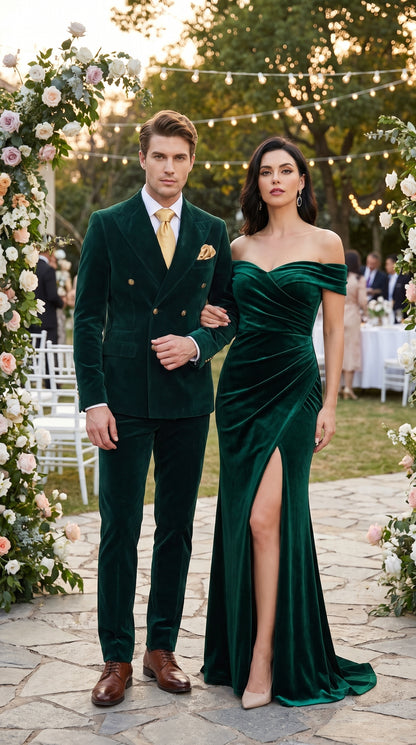 Men’s Rossi Man Zeus Emerald Green Velvet Double Breasted Tuxedo Suit, Formal Wedding Prom Dinner Suit