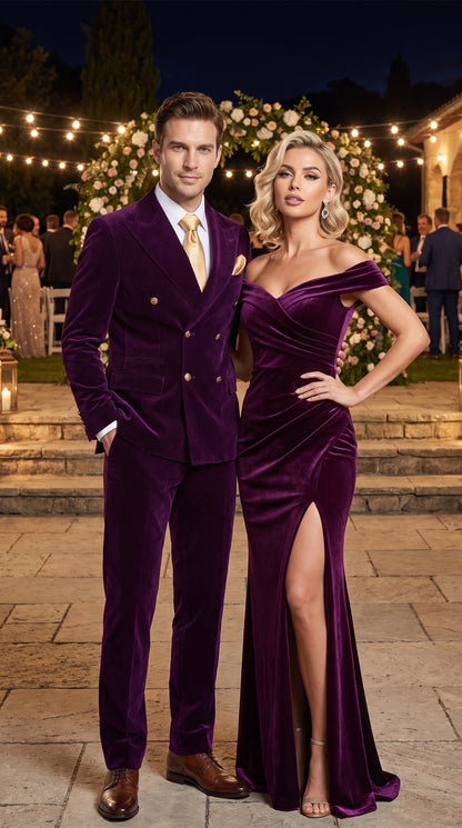 Men’s Rossi Man Zeus Purple Velvet Double Breasted Tuxedo Suit, Formal Wedding Prom Dinner Suit Set