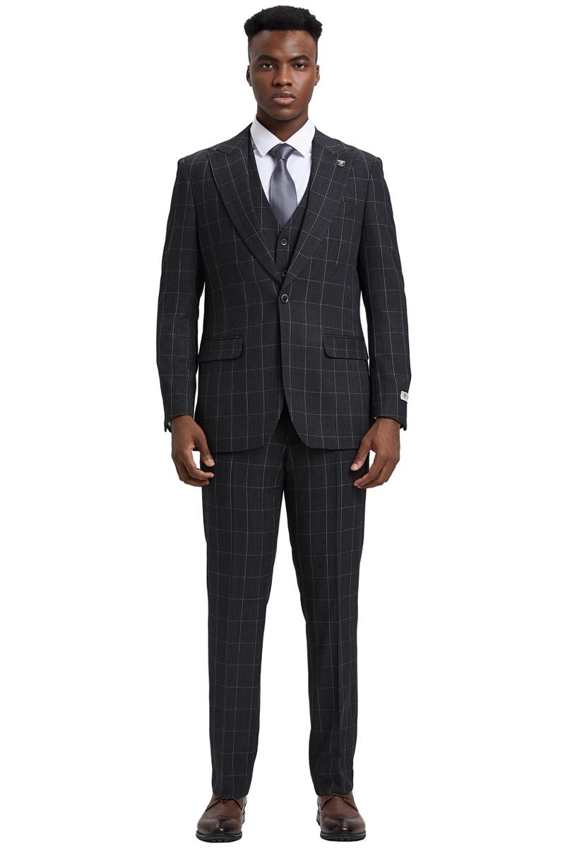 Men's Stacy Adams Vest Classic Bold Windowpane Suit in Dark Charcoal Grey - Image 2