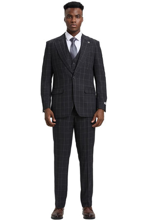 Men's Stacy Adams Vest Classic Bold Windowpane Suit in Dark Charcoal Grey - Image 2