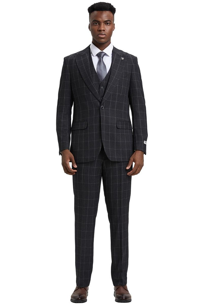 Men's Stacy Adams Vest Classic Bold Windowpane Suit in Dark Charcoal Grey - Image 2