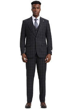 Men's Stacy Adams Vest Classic Bold Windowpane Suit in Dark Charcoal Grey - Image 2