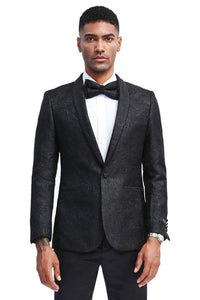 Mens Black Blazer - Men's Slim Fit Tonal Paisley Prom Dinner Jacket in Black