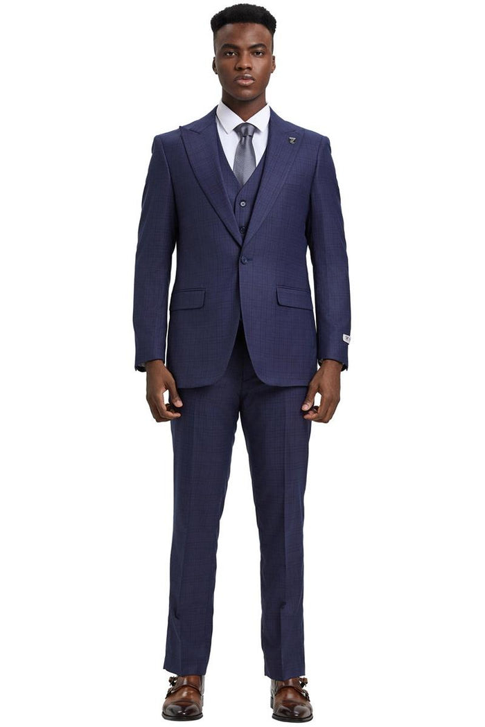 Men's Stacy Adams Vested One Button Wide Peak Lapel Windowpane Plaid Suit in Eggplant Purple - Image 2