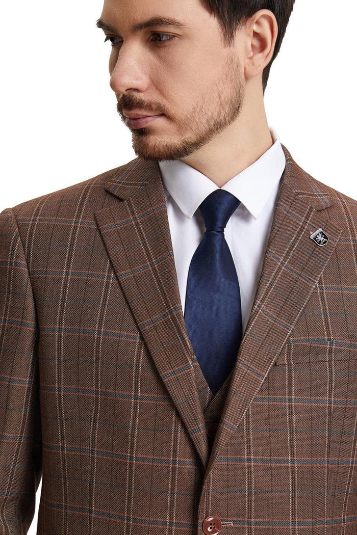 Men's Stacy Adams Vested Modern Fit Windowpane Plaid Suit in Light Brown - Image 4