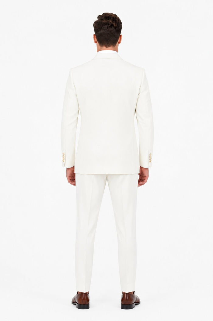 Men's Off White Statement Ticket Pocket Peak Lapel Wool Double Breasted Vest Suit with Gold Buttons – Modern Fit