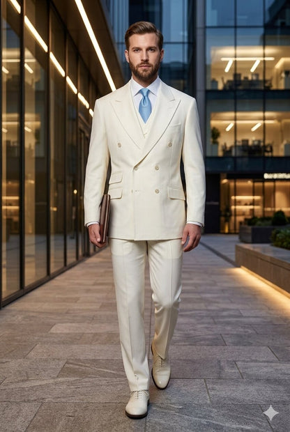 Tiglio Italian Suit - Real Wool Fabric Super 150's EST Off-White, Wide Leg Suit & Vest in Color Off-White