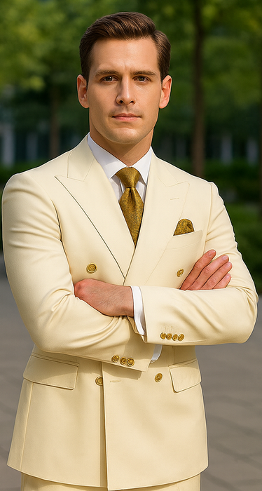 Off White - Ivory - Cream Color White Double Breasted Stylish Peaked Lapel Men Suits