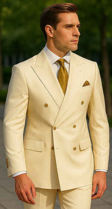 Off White - Ivory - Cream Color White Double Breasted Stylish Peaked Lapel Men Suits