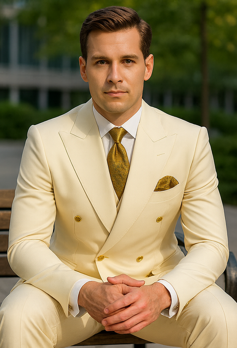 Off White - Ivory - Cream Color White Double Breasted Stylish Peaked Lapel Men Suits