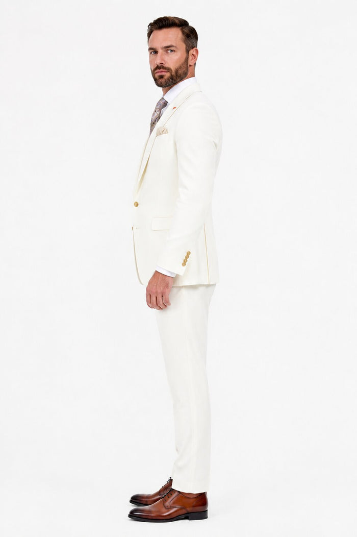 Men's Off White Statement Ticket Pocket Peak Lapel Wool Double Breasted Vest Suit with Gold Buttons – Modern Fit