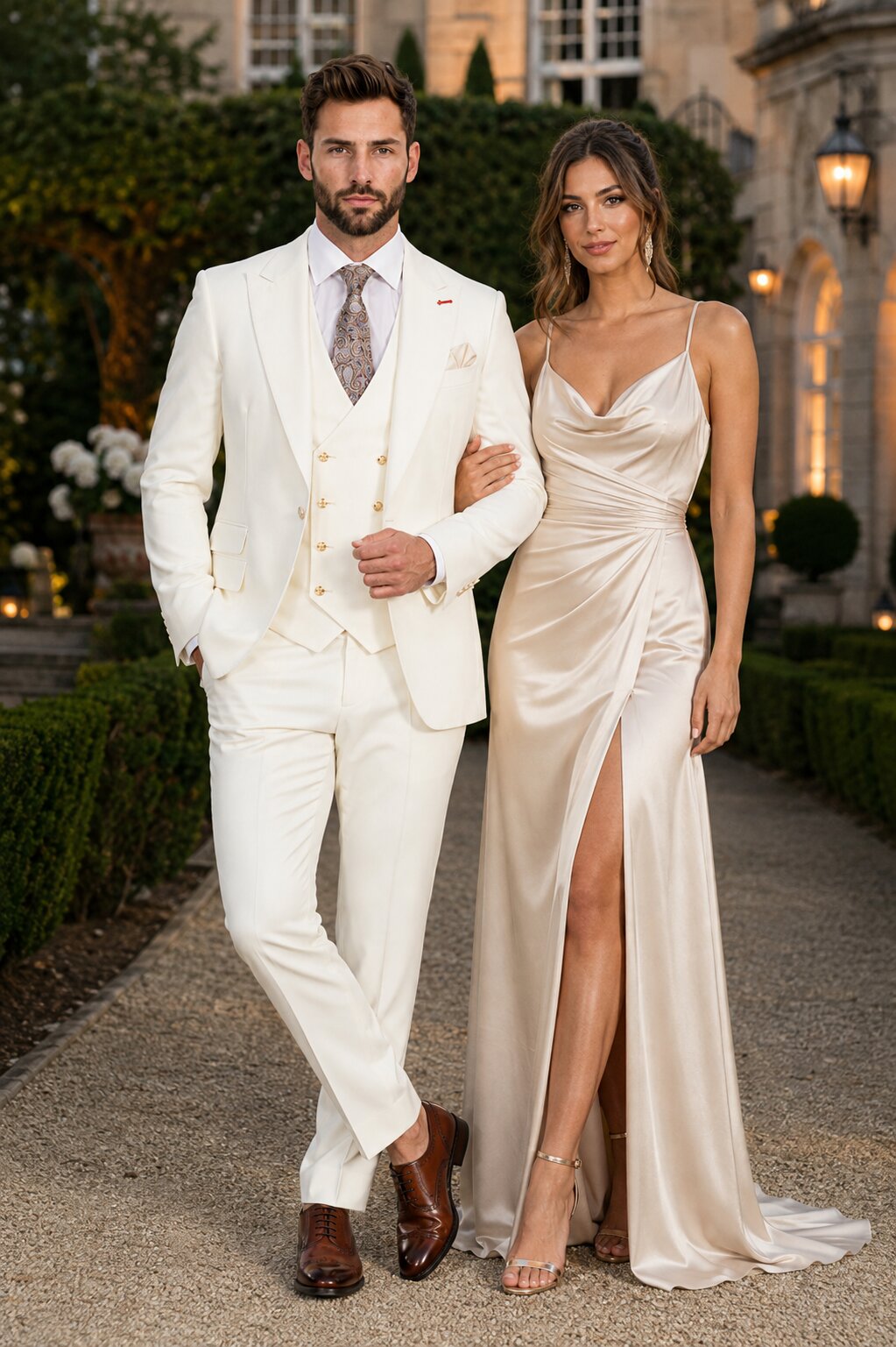 Men's Off White Statement Ticket Pocket Peak Lapel Wool Double Breasted Vest Suit with Gold Buttons – Modern Fit