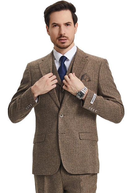 Men's Stacy Adams Vested Vintage Herringbone Tweed Suit in Light Brown - Image 2