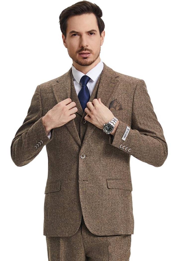 Men's Stacy Adams Vested Vintage Herringbone Tweed Suit in Light Brown - Image 2