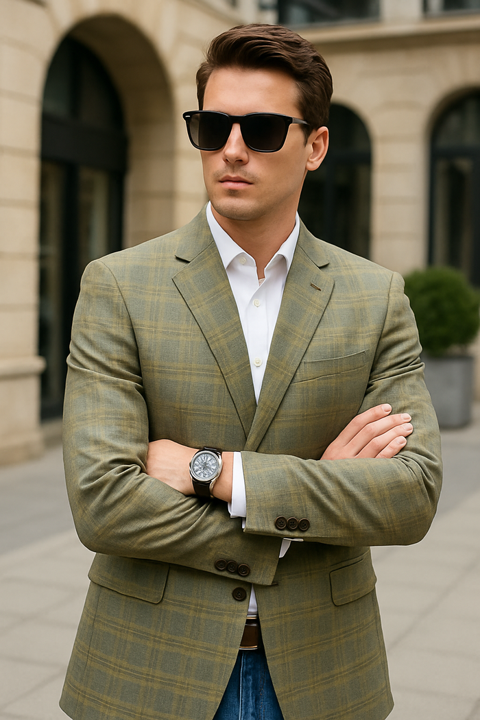 Saco vaquero - Western Sport Coat - Western Blazer - Men's Two Button Regular Fit Windowpane Plaid Sport Coat Blazer In Light Olive Green