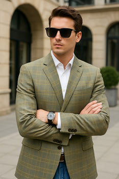 Saco vaquero - Western Sport Coat - Western Blazer - Men's Two Button Regular Fit Windowpane Plaid Sport Coat Blazer In Light Olive Green