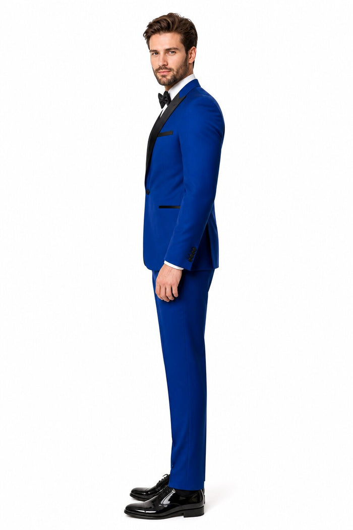 Men'S 1 Button Royal Blue Tuxedo Black Lapeled Dress Suits For Men Dinner Jacket
